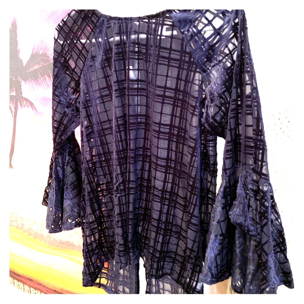 Lauren Conrad bell sleeve sheer blue top